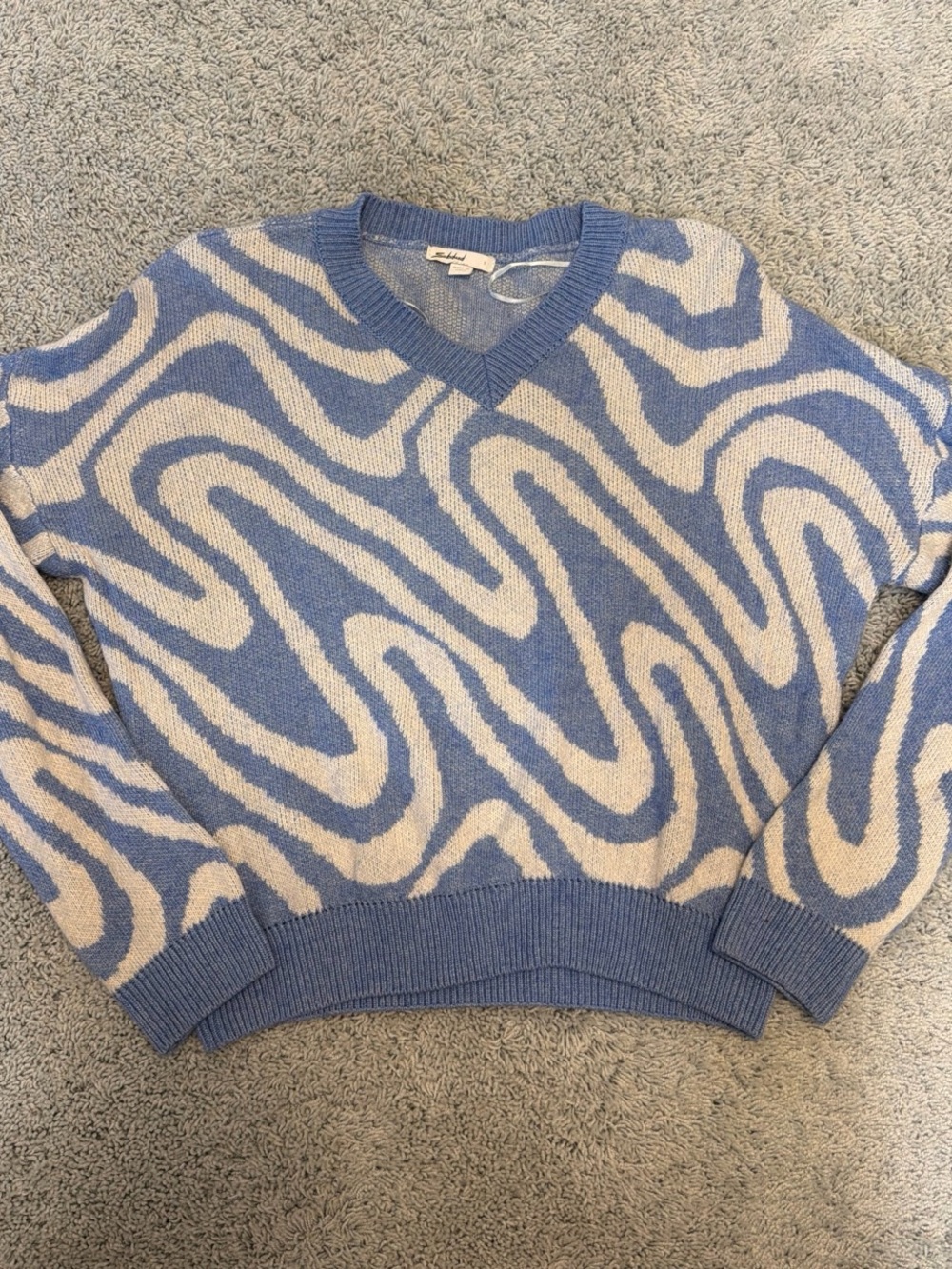 Blue and Cream Abstract Wave V-Neck Sweater